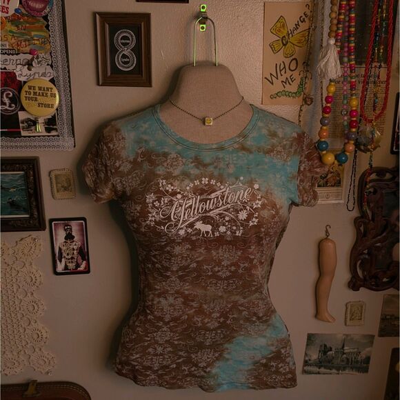 Y2K Yellowstone Graphic T-Shirt Women's Small Blue Brown Burnout Pattern - Picture 1 of 6